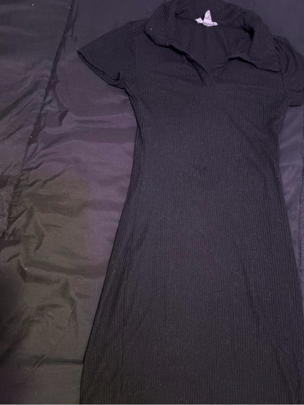 Women's Black Ribbed Polo Midi Dress